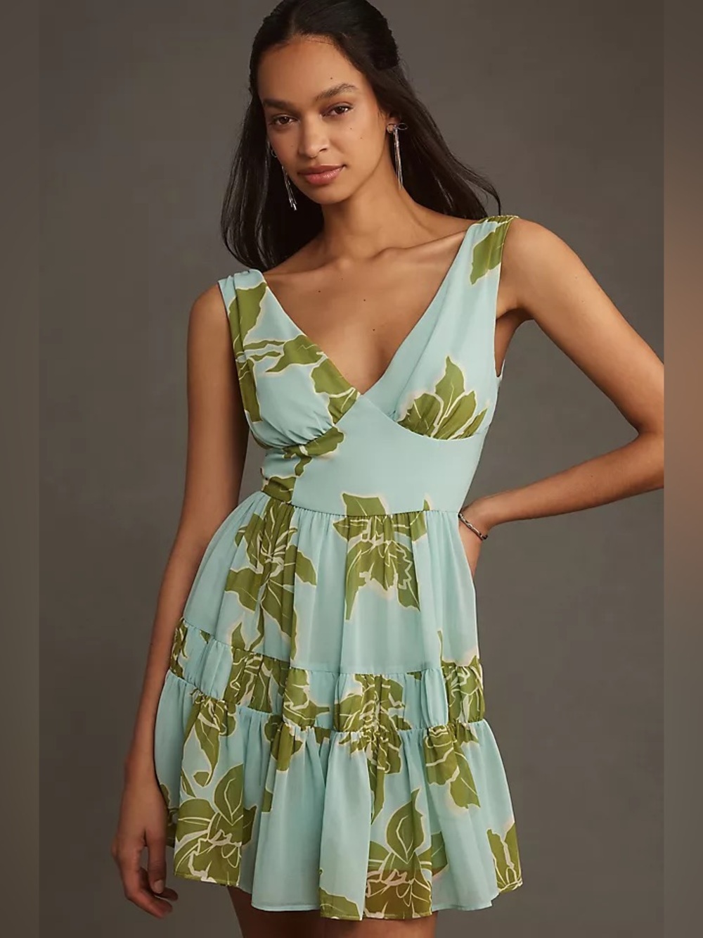 New Anthropologie Hutch Mella Sleeveless V-Neck Mini Dress Tiered Green Floral 4